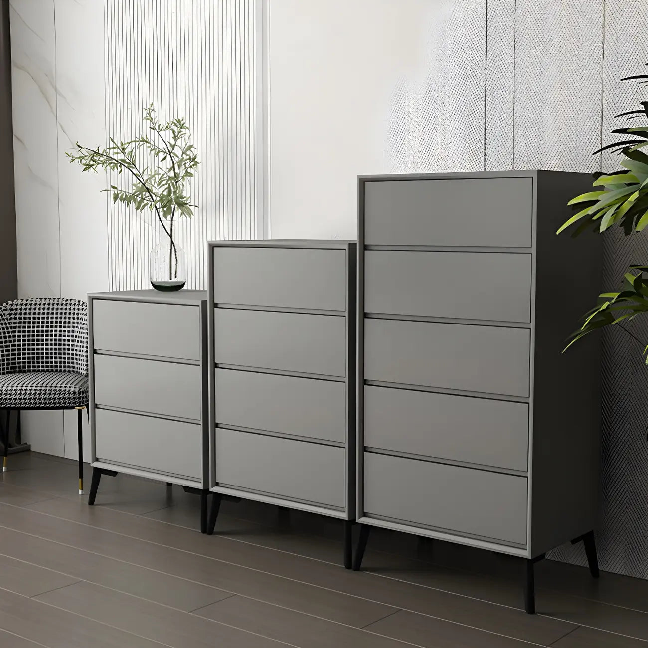 Commode minimaliste grise à 8 tiroirs en bois massif