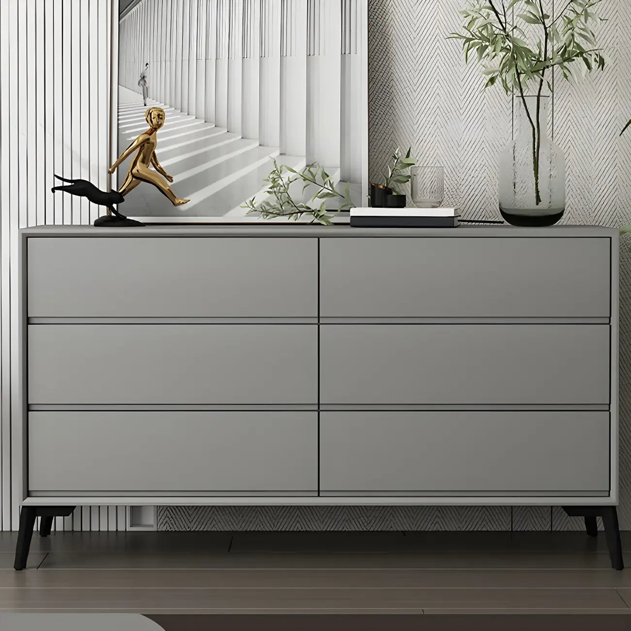 Commode minimaliste grise à 8 tiroirs en bois massif