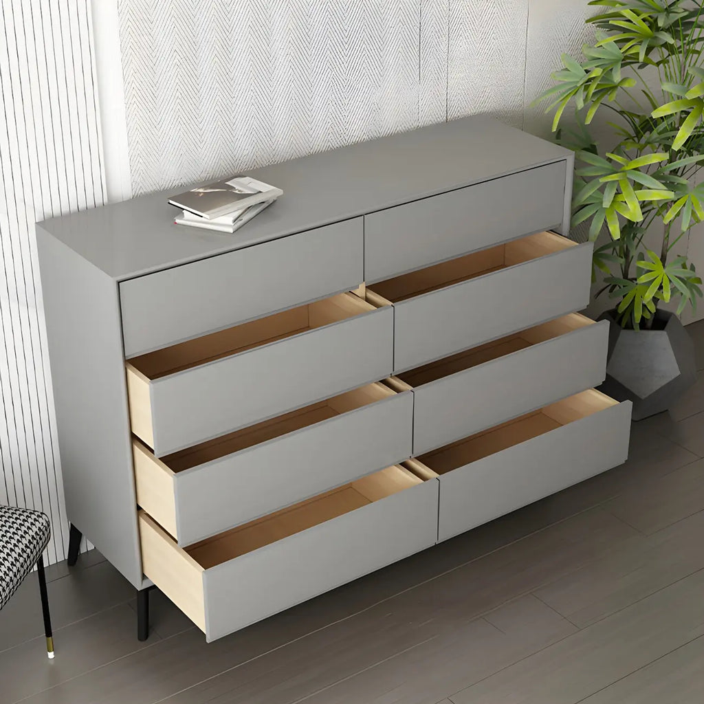 Commode minimaliste grise à 8 tiroirs en bois massif