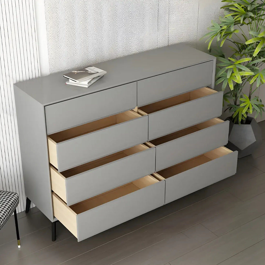 Commode minimaliste grise à 8 tiroirs en bois massif