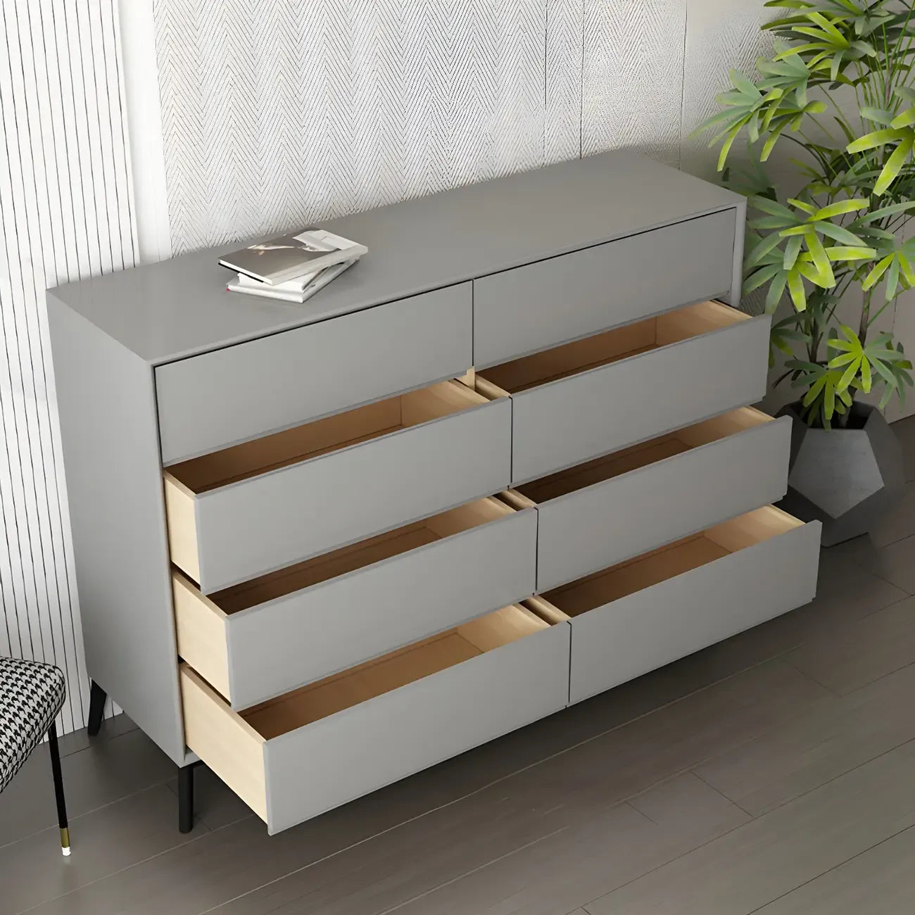 Commode minimaliste grise à 8 tiroirs en bois massif