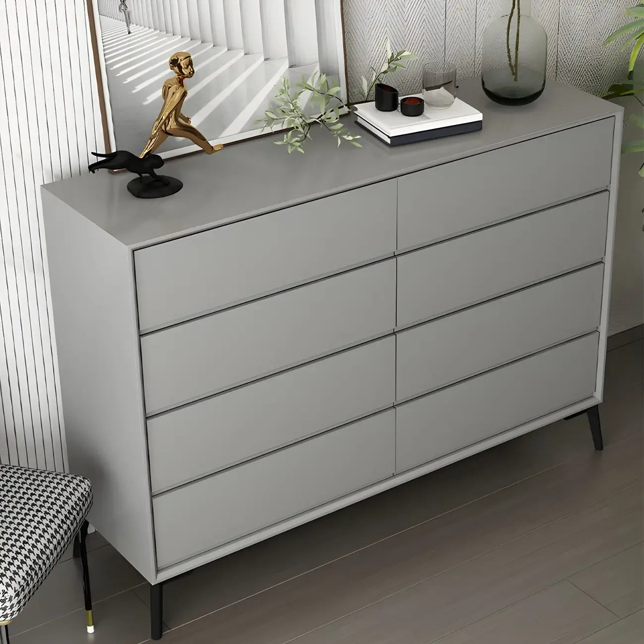 Commode minimaliste grise à 8 tiroirs en bois massif