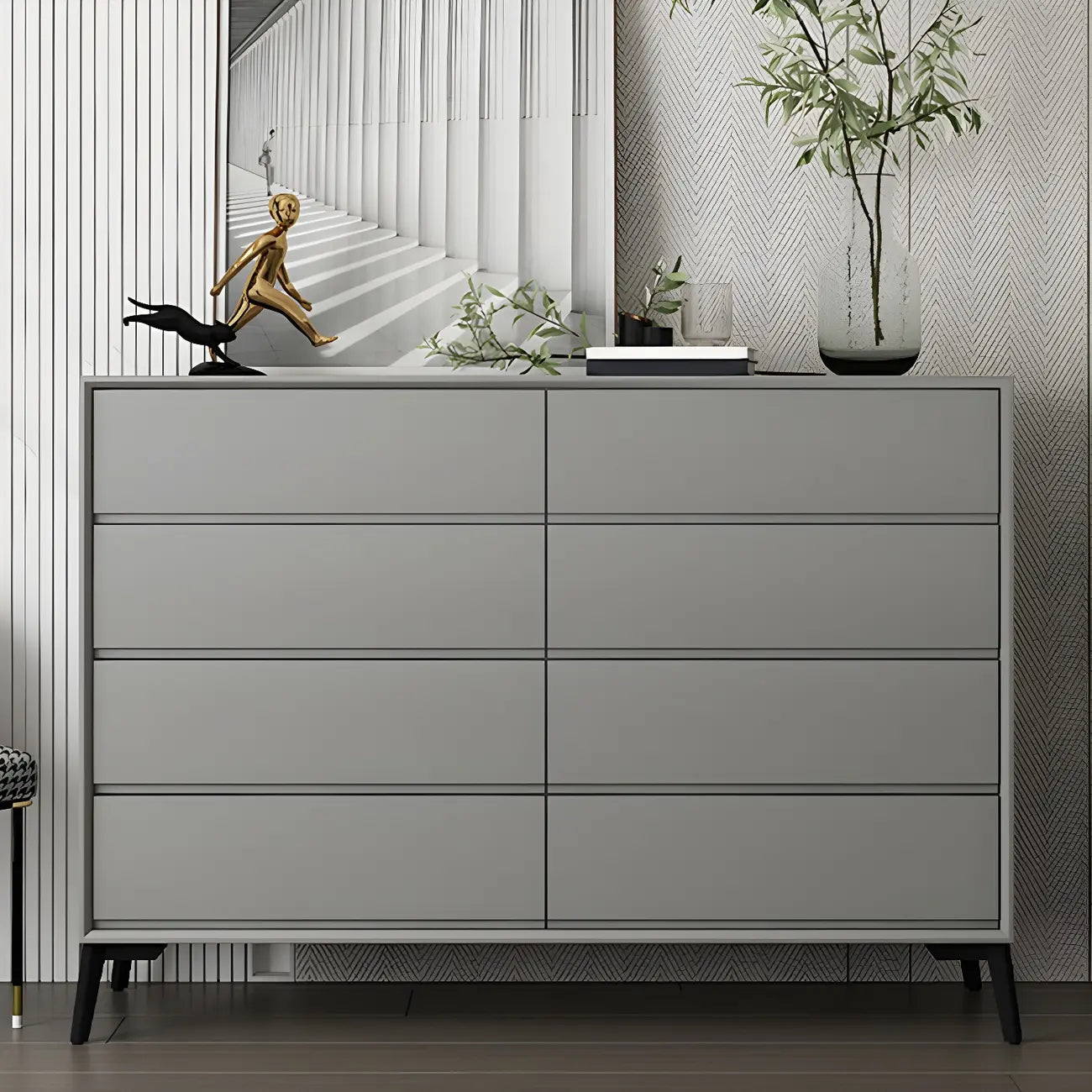 Commode minimaliste grise à 8 tiroirs en bois massif
