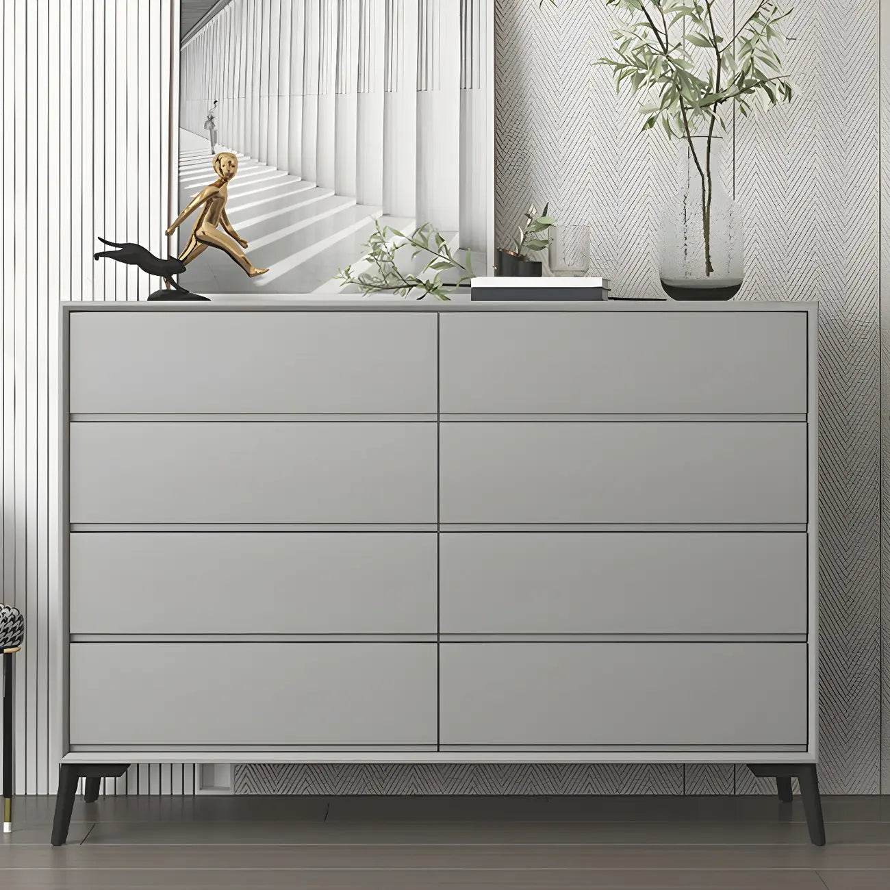 Commode minimaliste grise à 8 tiroirs en bois massif