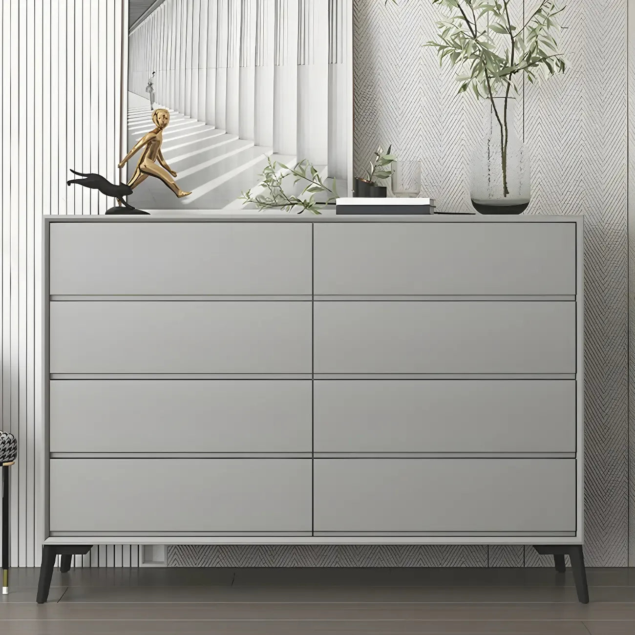 Commode minimaliste grise à 8 tiroirs en bois massif