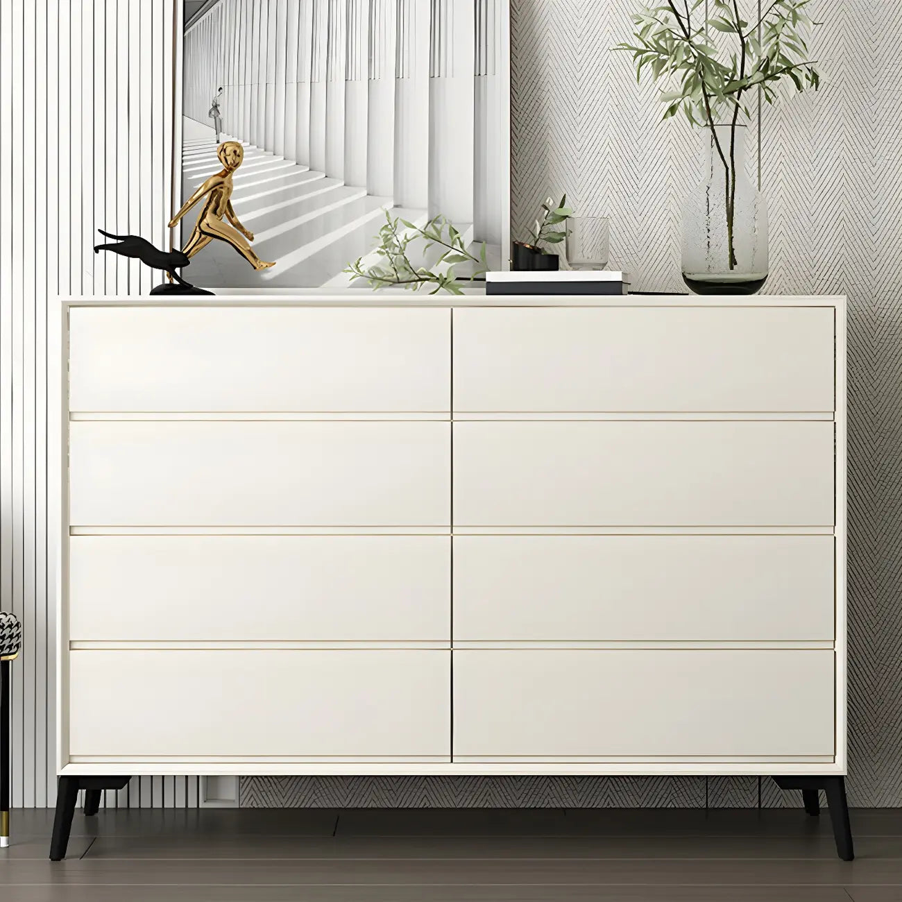 Commode minimaliste grise à 8 tiroirs en bois massif