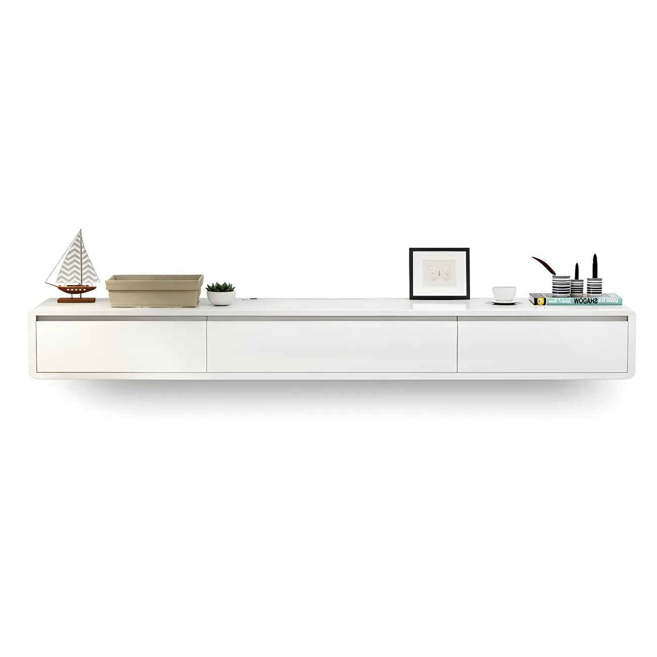 Meuble TV mural rectangulaire en bois blanc avec tiroirs