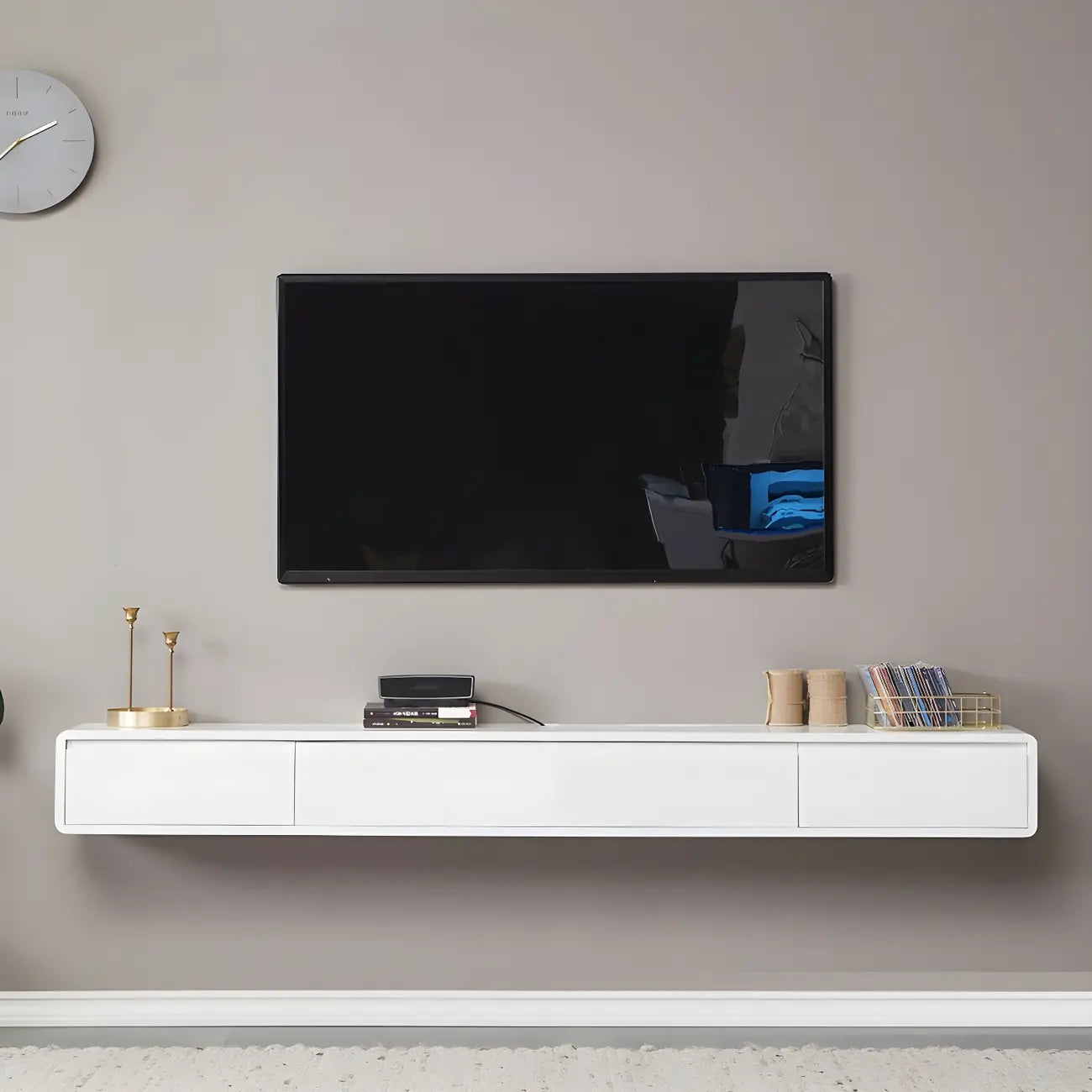 Meuble TV mural rectangulaire en bois blanc avec tiroirs