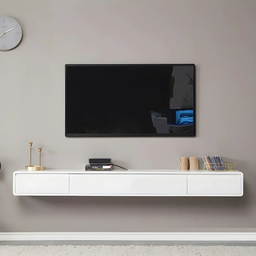 Meuble TV mural rectangulaire en bois blanc avec tiroirs