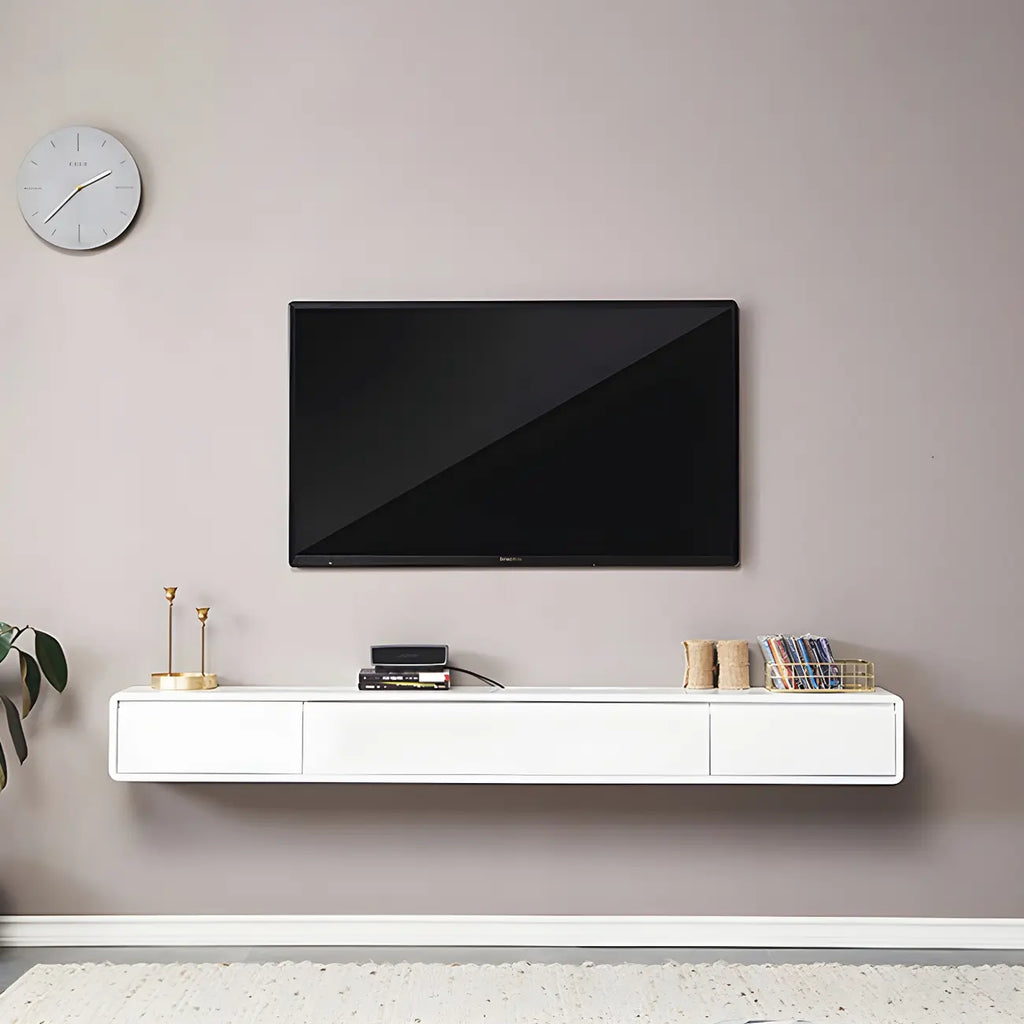 Meuble TV mural rectangulaire en bois blanc avec tiroirs