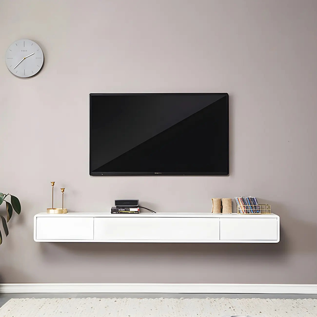 Meuble TV mural rectangulaire en bois blanc avec tiroirs