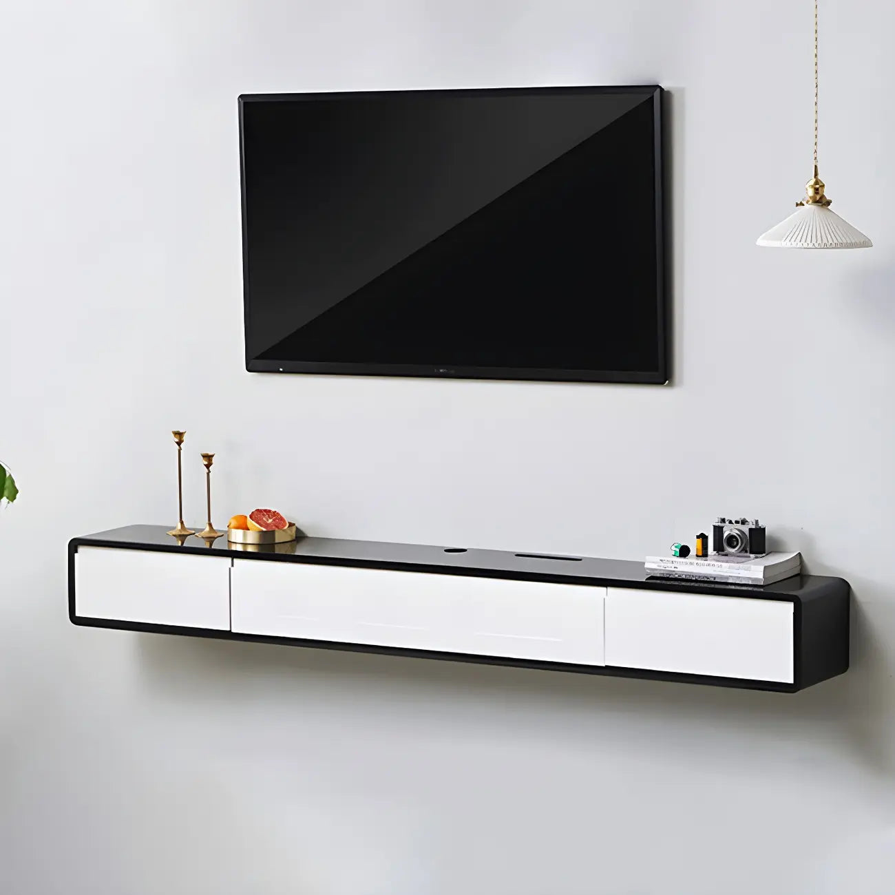 Meuble TV mural rectangulaire en bois blanc avec tiroirs