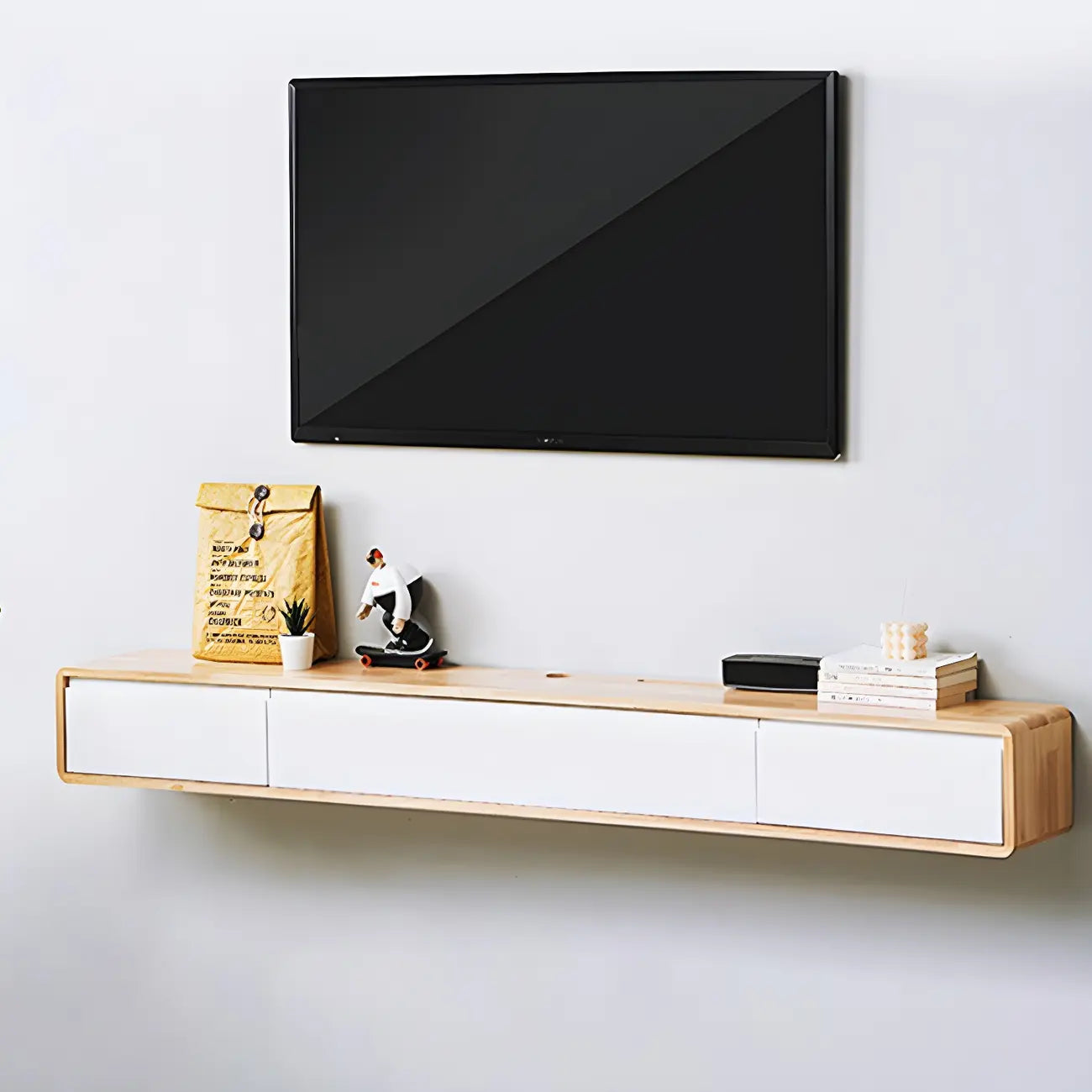 Meuble TV mural rectangulaire en bois blanc avec tiroirs
