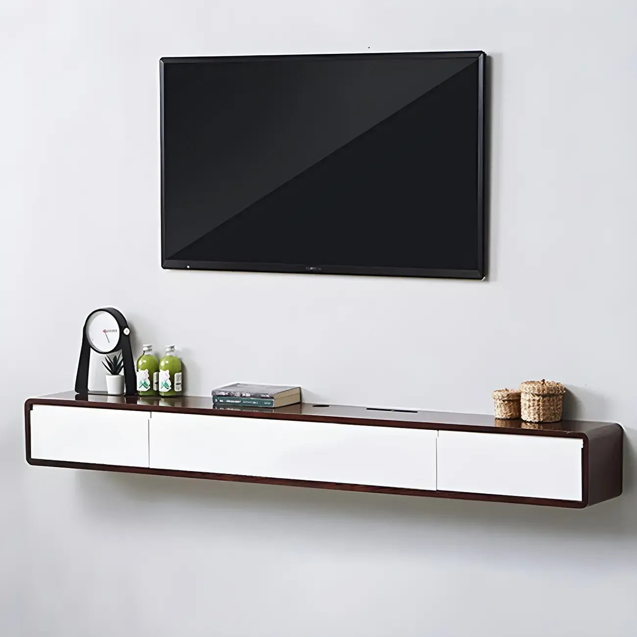 Meuble TV mural rectangulaire en bois blanc avec tiroirs