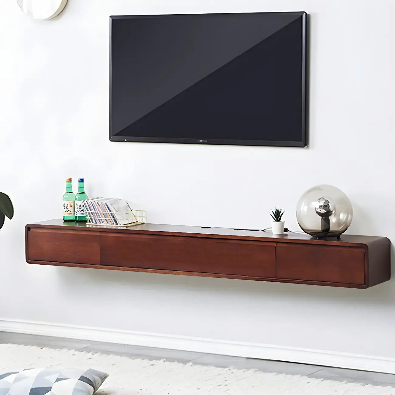 Meuble TV mural rectangulaire en bois blanc avec tiroirs
