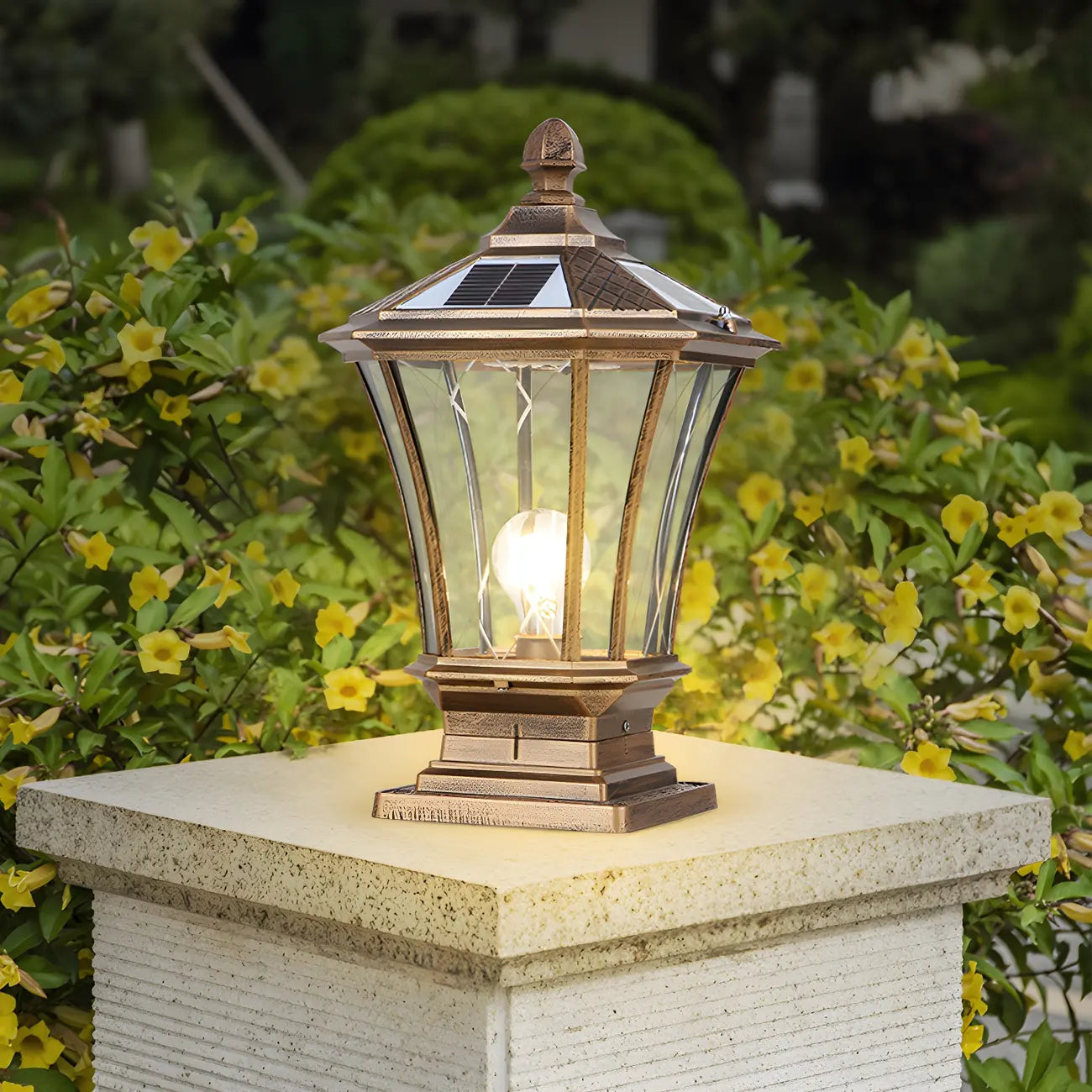 Lampes solaires rectangulaires d'extérieur en métal noir/bronze pour poteaux, idéales pour le jardin et la cour.