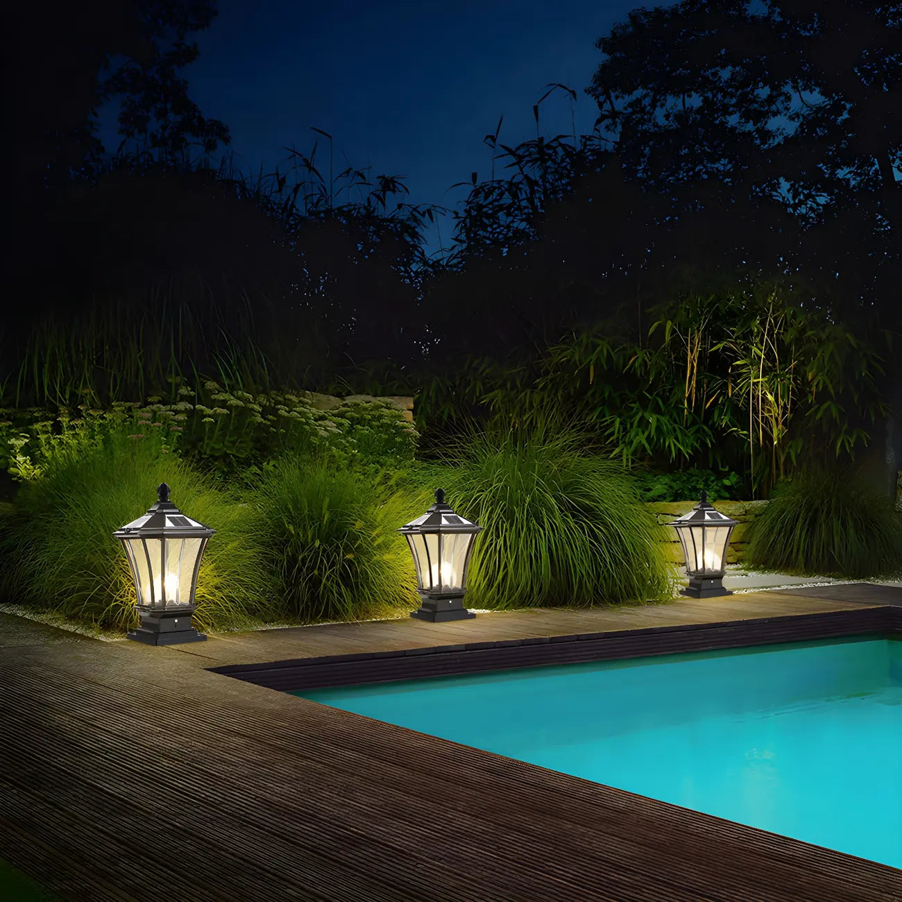 Lampes solaires rectangulaires d'extérieur en métal noir/bronze pour poteaux, idéales pour le jardin et la cour.