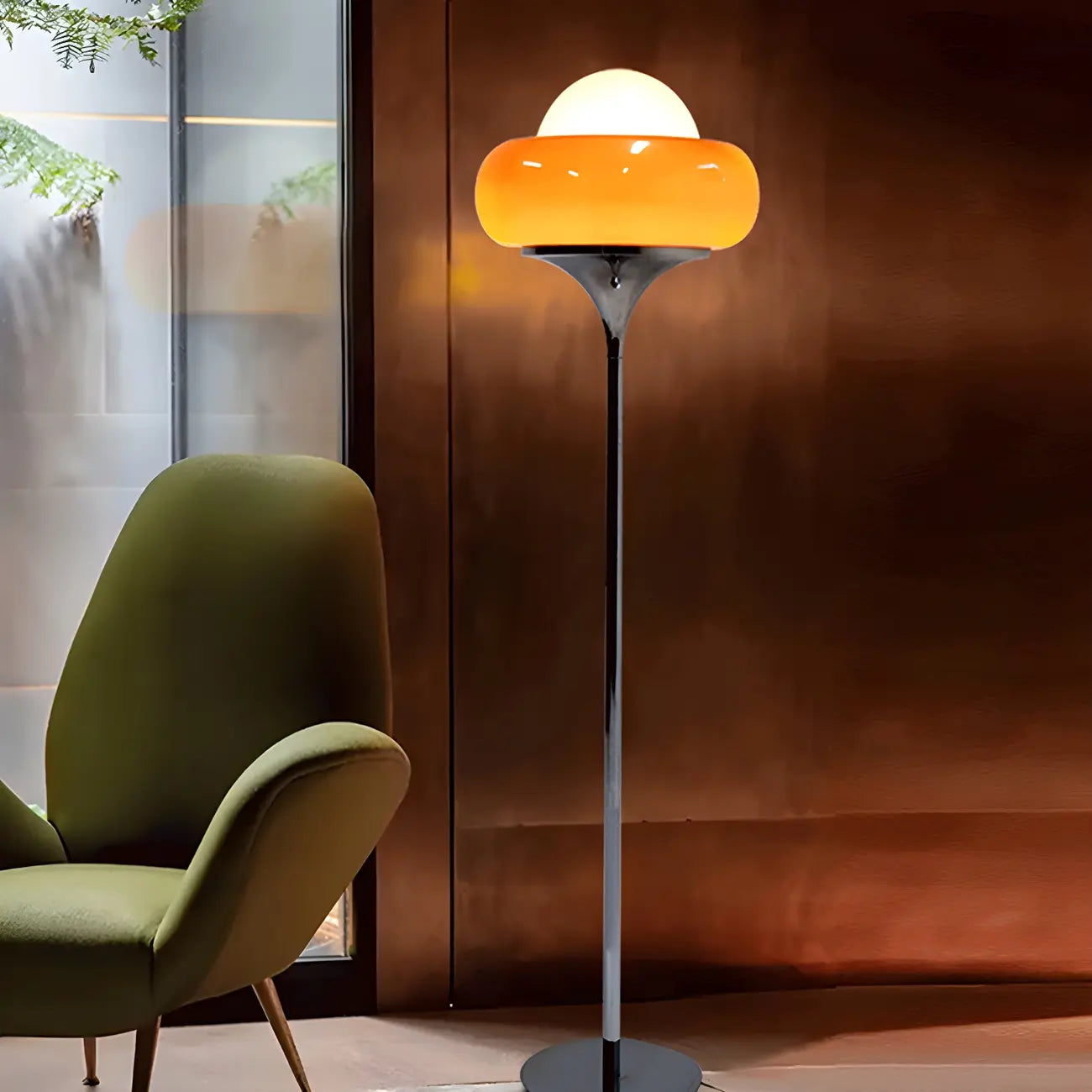 Lampadaire moderne en métal et verre bullé jaune avec LED
