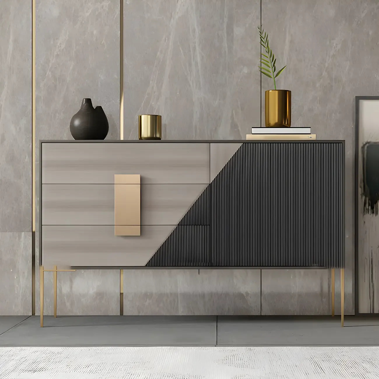 Commode élégante en bois et métal noir-gris avec tiroirs à fermeture douce