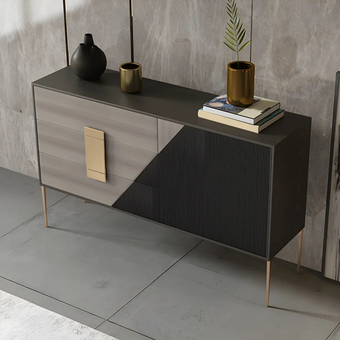Commode élégante en bois et métal noir-gris avec tiroirs à fermeture douce
