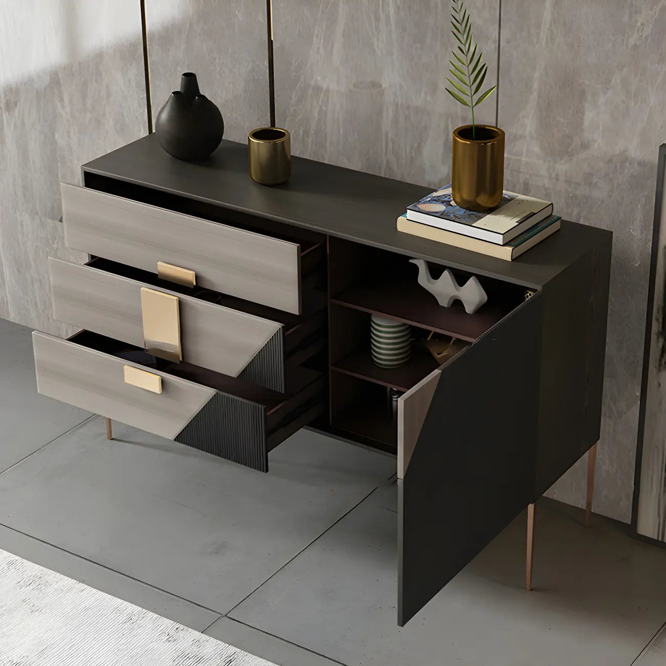 Commode élégante en bois et métal noir-gris avec tiroirs à fermeture douce