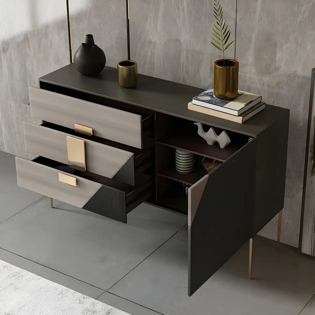 Commode élégante en bois et métal noir-gris avec tiroirs à fermeture douce