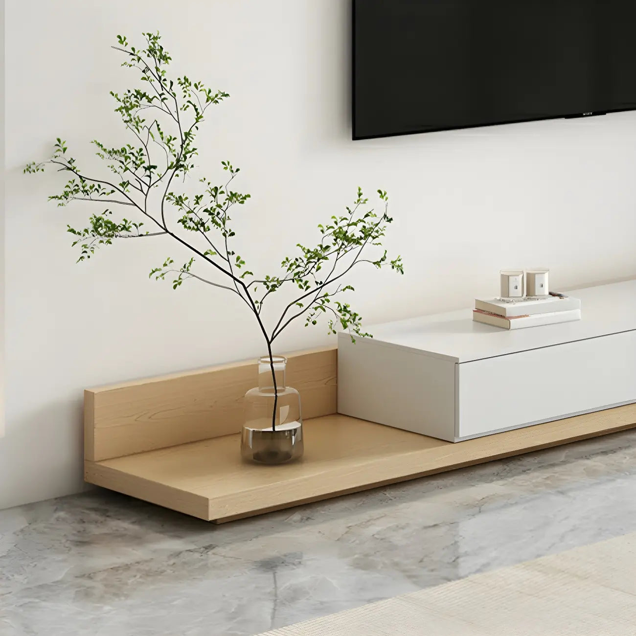 Meuble TV moderne en bois naturel avec étagère allongée et tiroir