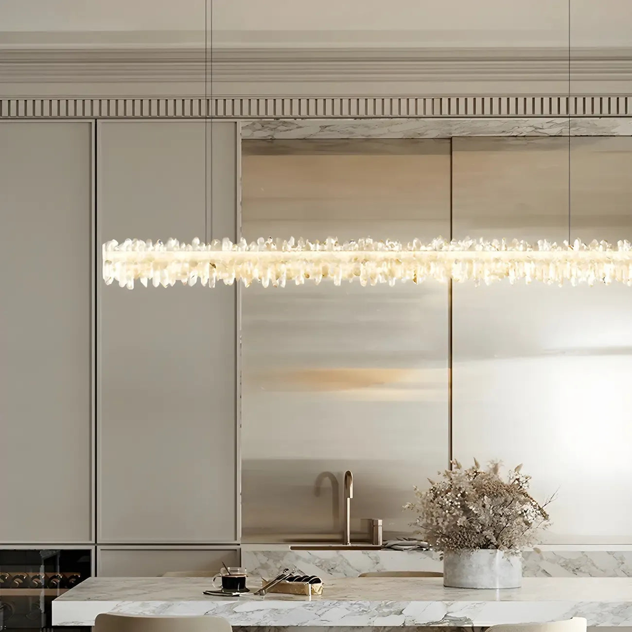 Suspension moderne à LED en cristal clair pour îlot de cuisine