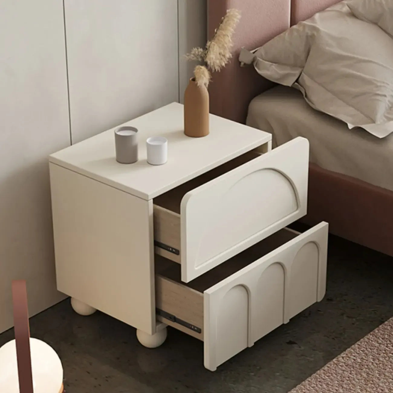 Petite table de chevet moderne blanche à 2 tiroirs en bois massif