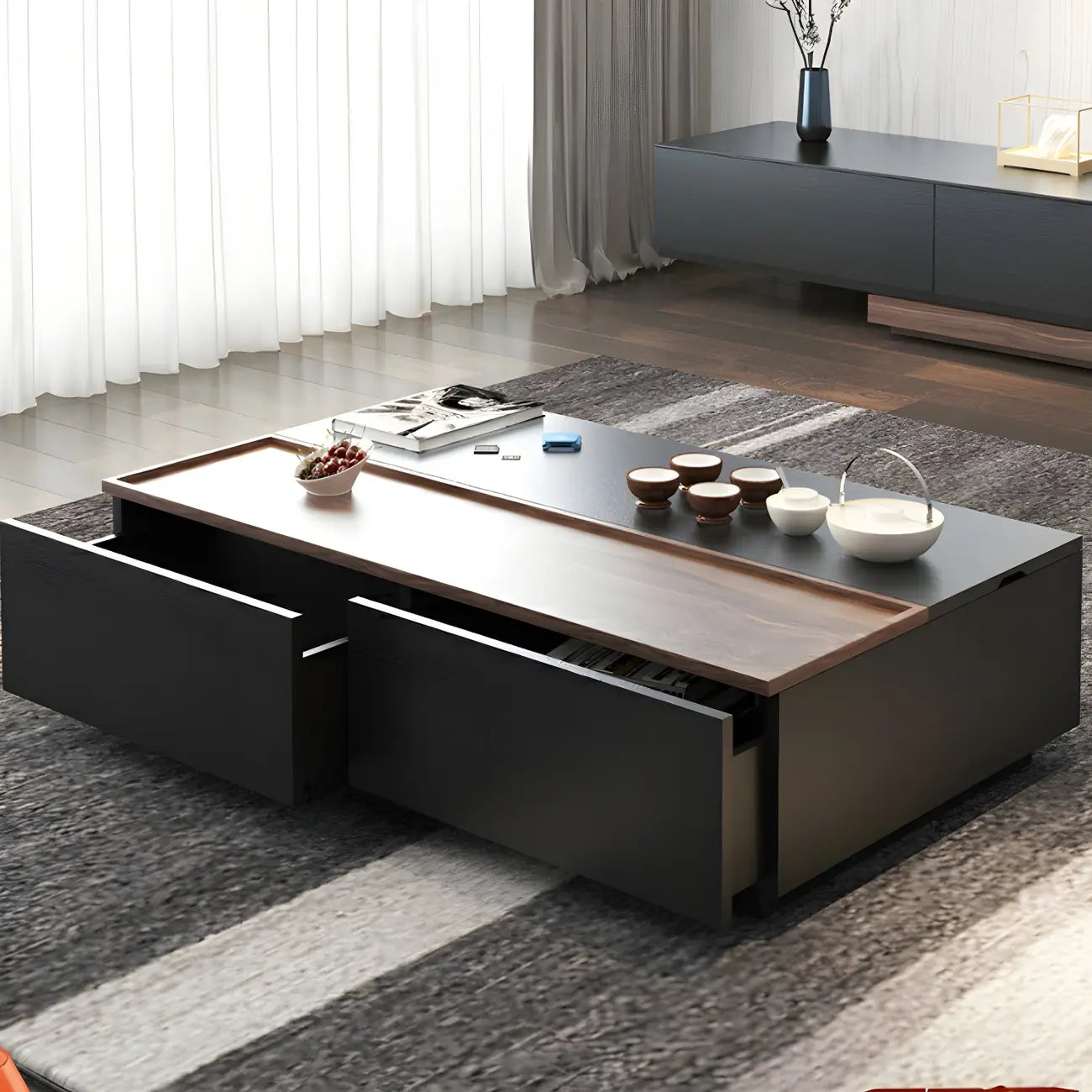 Table basse rectangulaire relevable avec rangement en bois de noyer noir