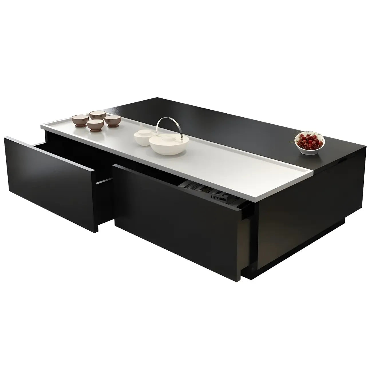 Table basse rectangulaire relevable avec rangement en bois de noyer noir