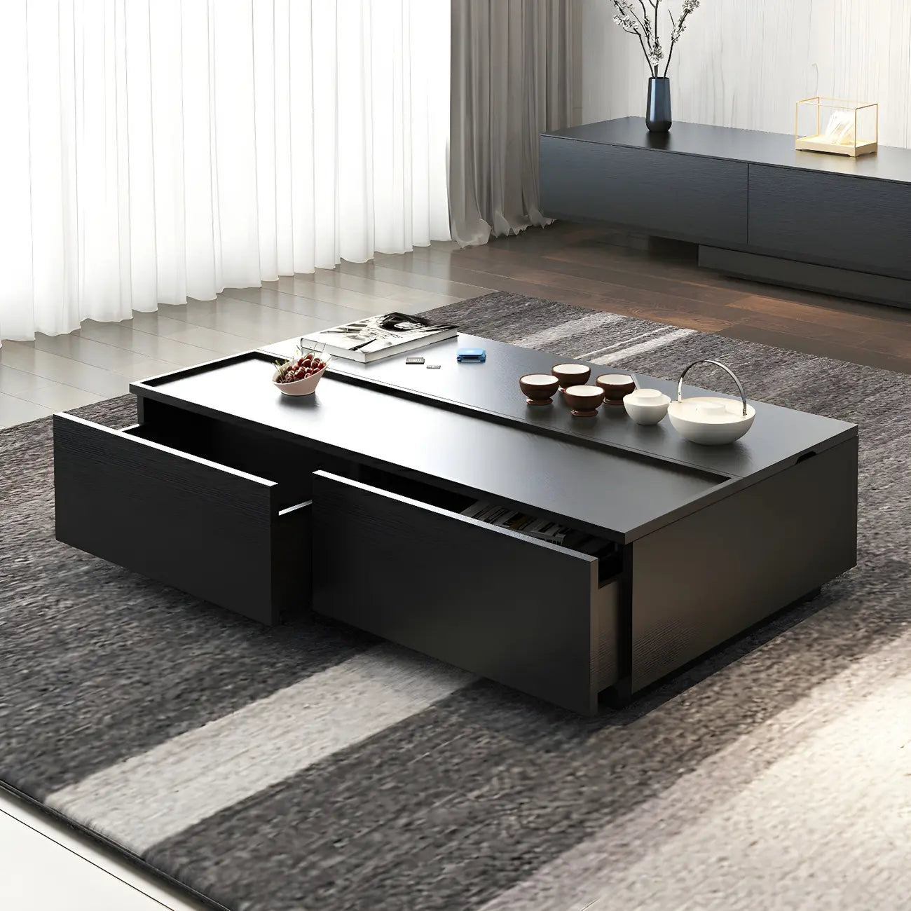 Table basse rectangulaire relevable avec rangement en bois de noyer noir