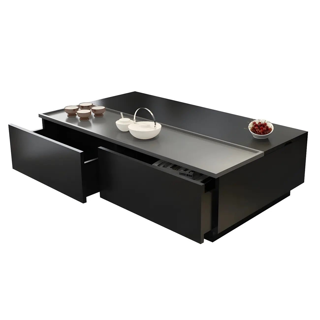 Table basse rectangulaire relevable avec rangement en bois de noyer noir