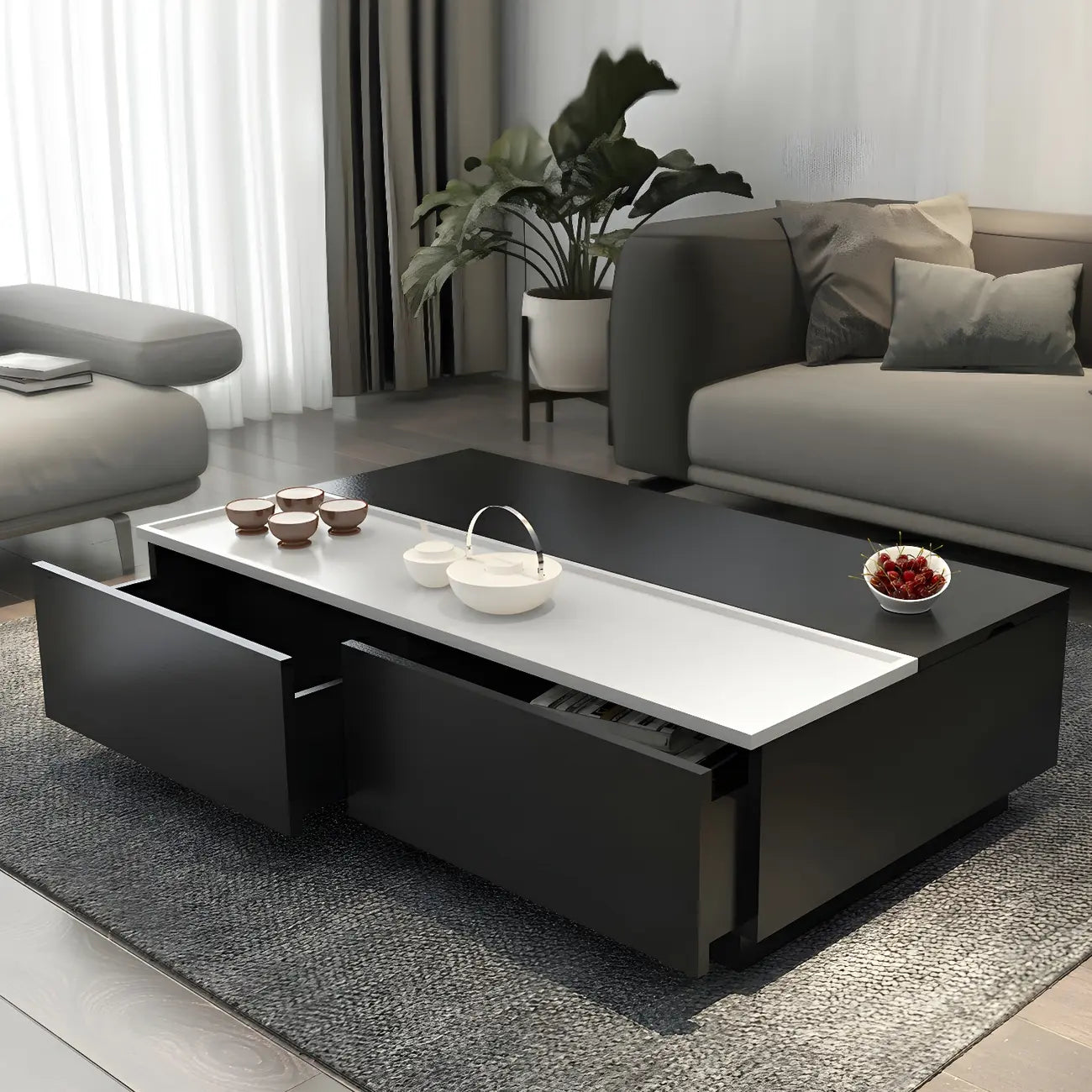 Table basse rectangulaire relevable avec rangement en bois de noyer noir