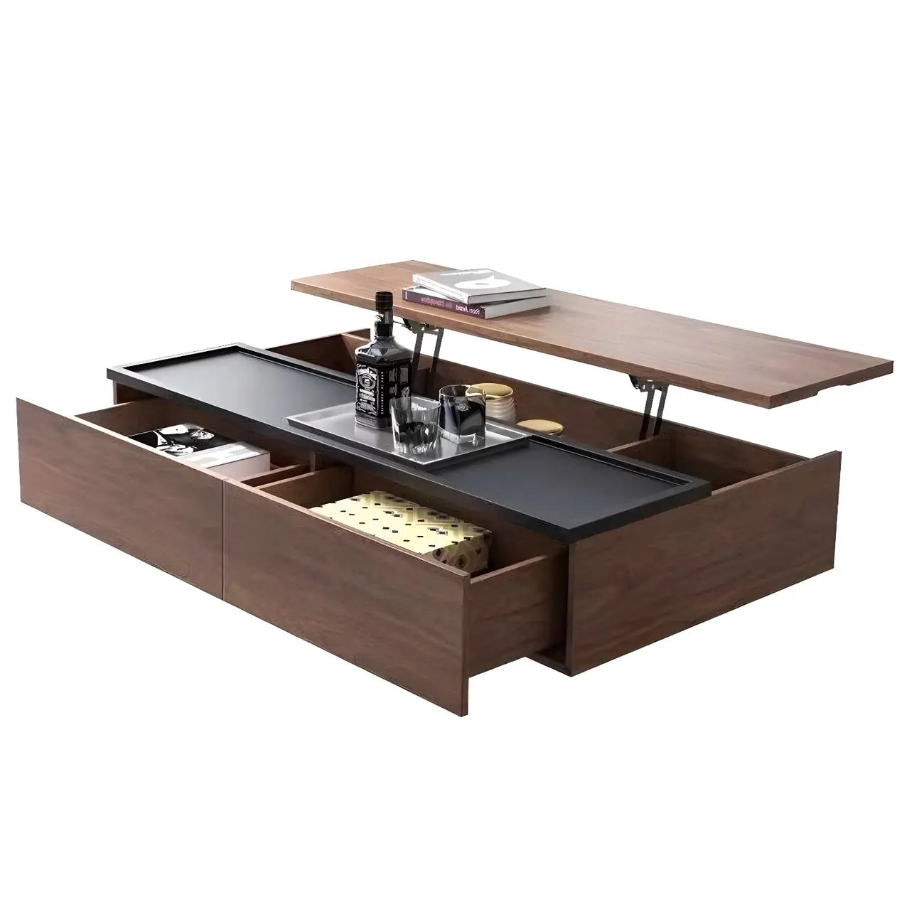 Table basse rectangulaire relevable avec rangement en bois de noyer noir