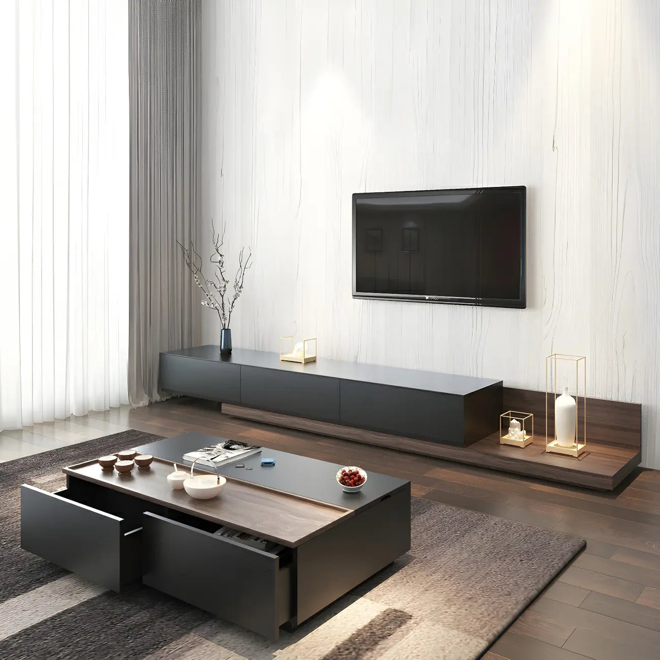 Table basse rectangulaire relevable avec rangement en bois de noyer noir