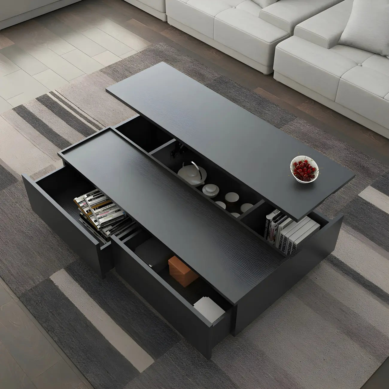 Table basse rectangulaire relevable avec rangement en bois de noyer noir