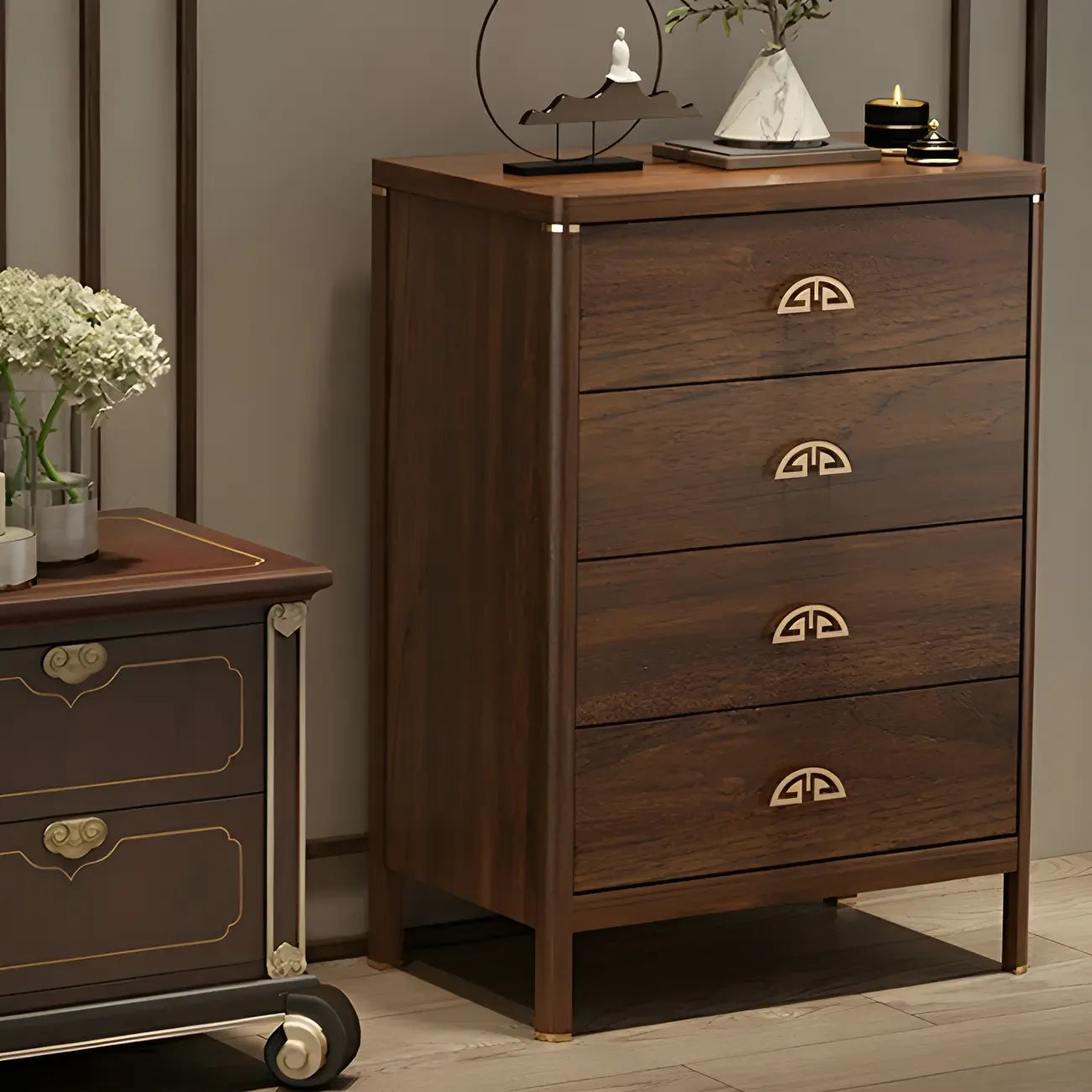 Commode double traditionnelle en bois brun avec tiroirs à fermeture douce