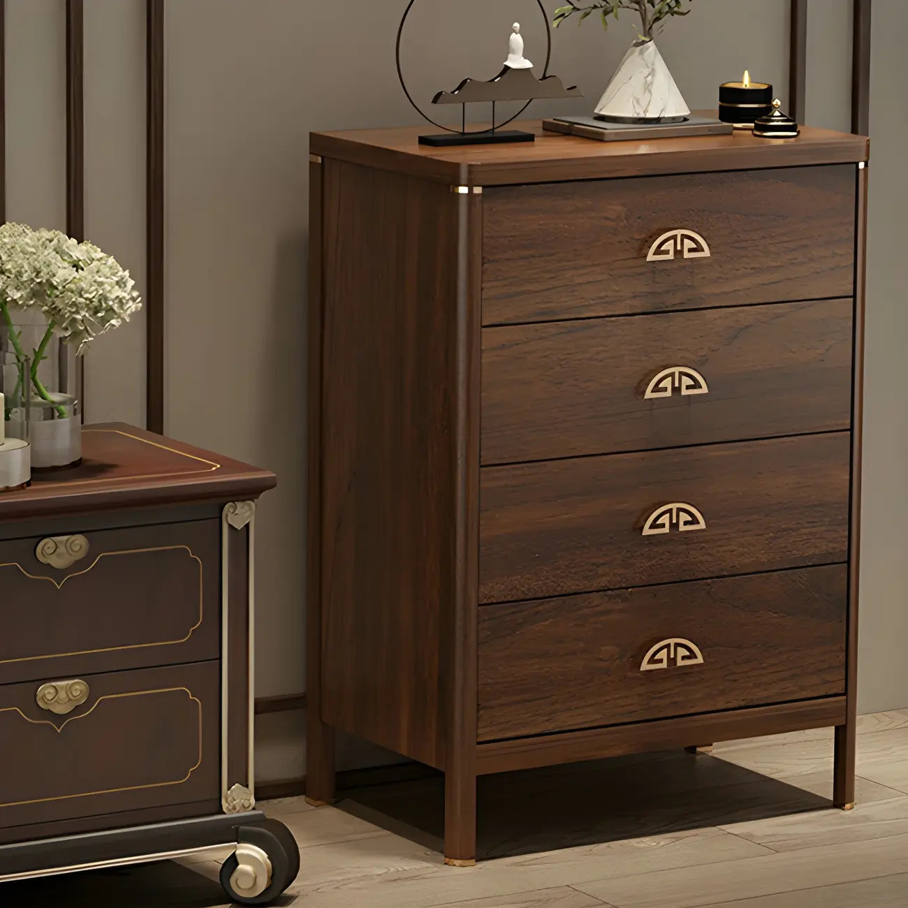 Commode double traditionnelle en bois brun avec tiroirs à fermeture douce