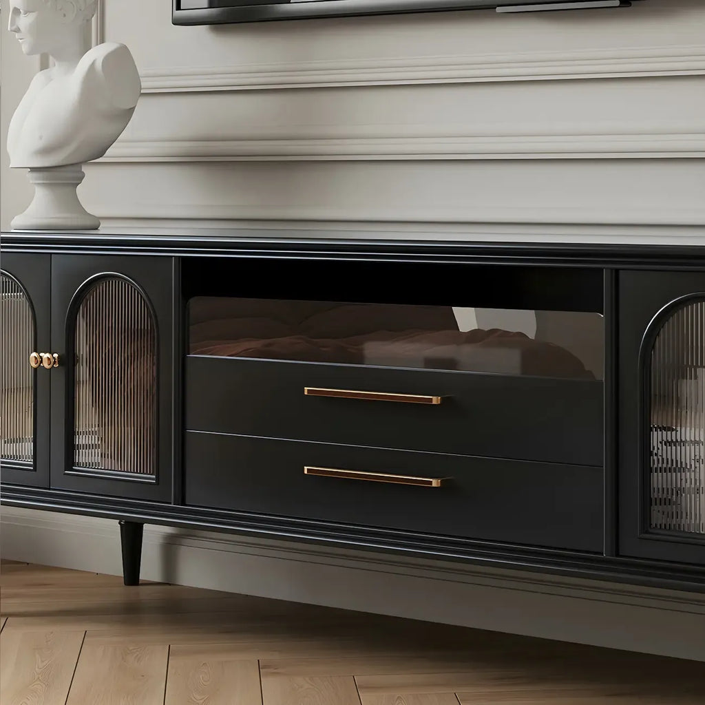 Meuble TV moderne en bois noir, porte vitrée et étagère ouverte (79 cm)