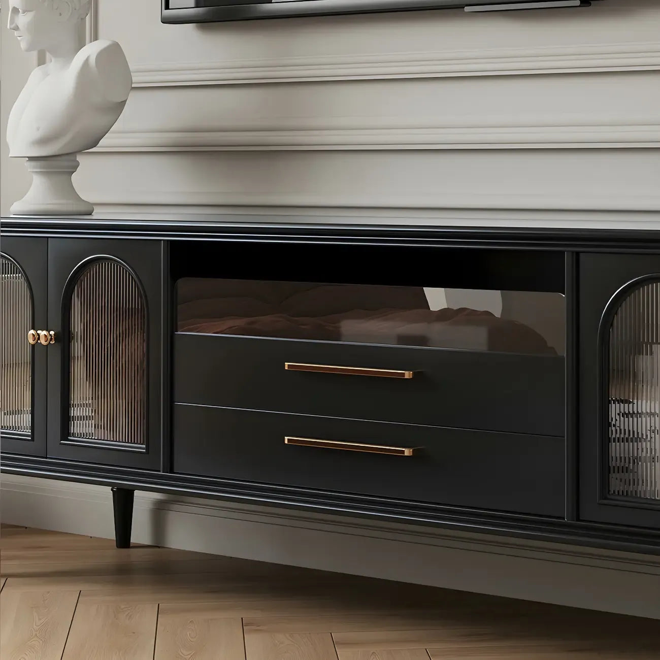 Meuble TV moderne en bois noir, porte vitrée et étagère ouverte (79 cm)