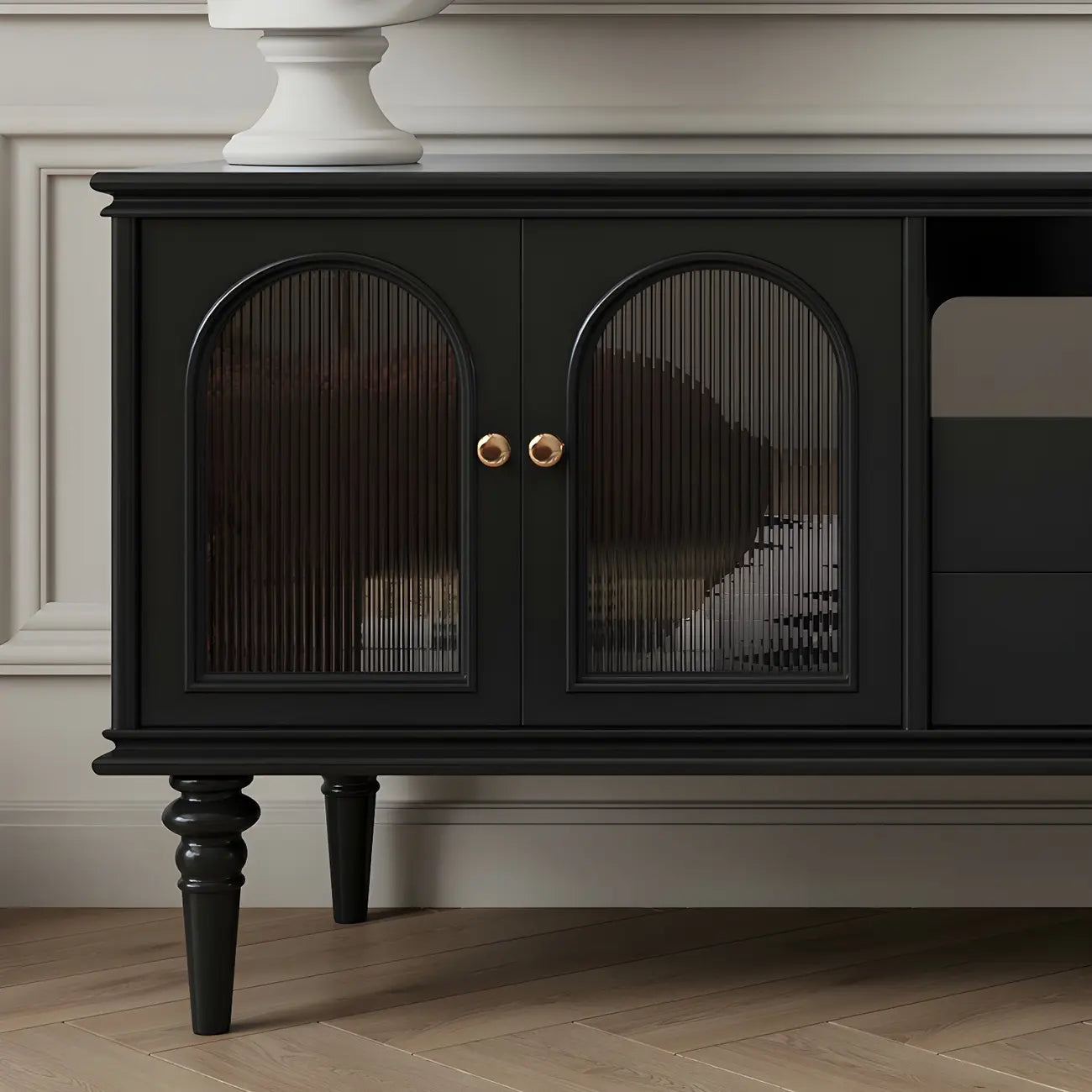 Meuble TV moderne en bois noir, porte vitrée et étagère ouverte (79 cm)