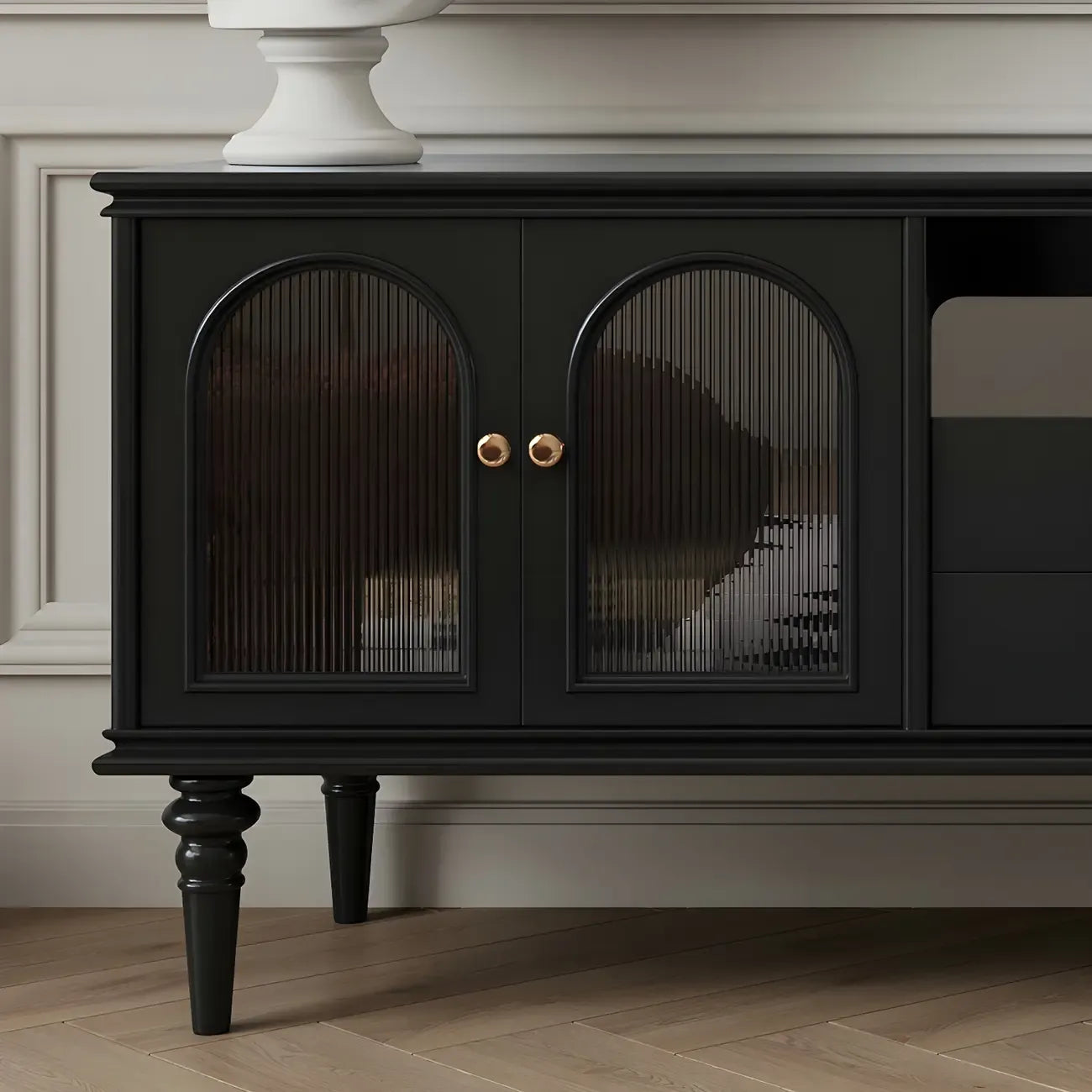 Meuble TV moderne en bois noir, porte vitrée et étagère ouverte (79 cm)