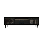 Meuble TV moderne en bois noir, porte vitrée et étagère ouverte (79 cm)