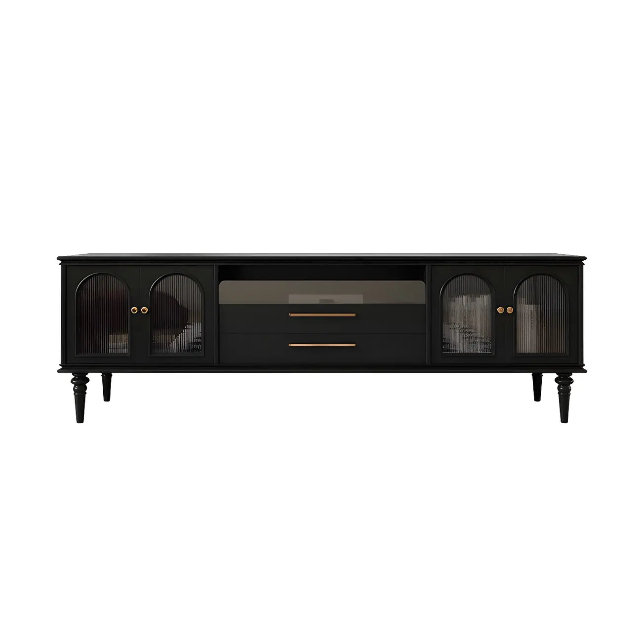 Meuble TV moderne en bois noir, porte vitrée et étagère ouverte (79 cm)