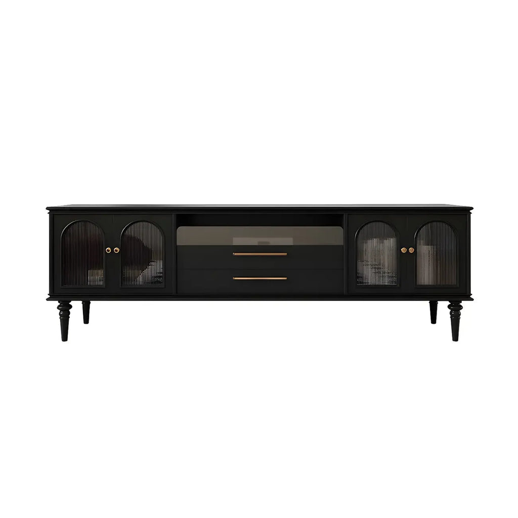 Meuble TV moderne en bois noir, porte vitrée et étagère ouverte (79 cm)