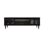 Meuble TV moderne en bois noir, porte vitrée et étagère ouverte (79 cm)