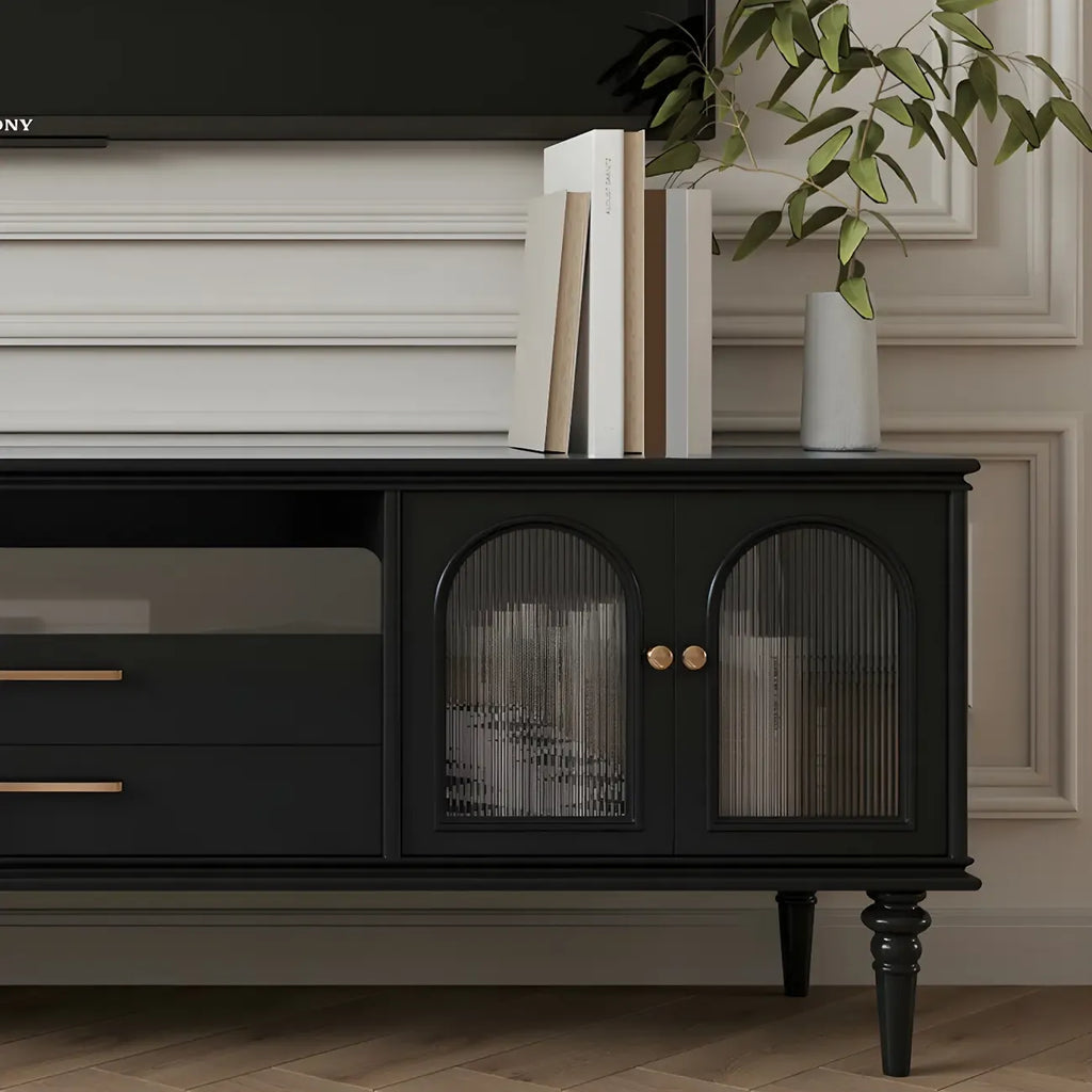 Meuble TV moderne en bois noir, porte vitrée et étagère ouverte (79 cm)