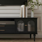 Meuble TV moderne en bois noir, porte vitrée et étagère ouverte (79 cm)