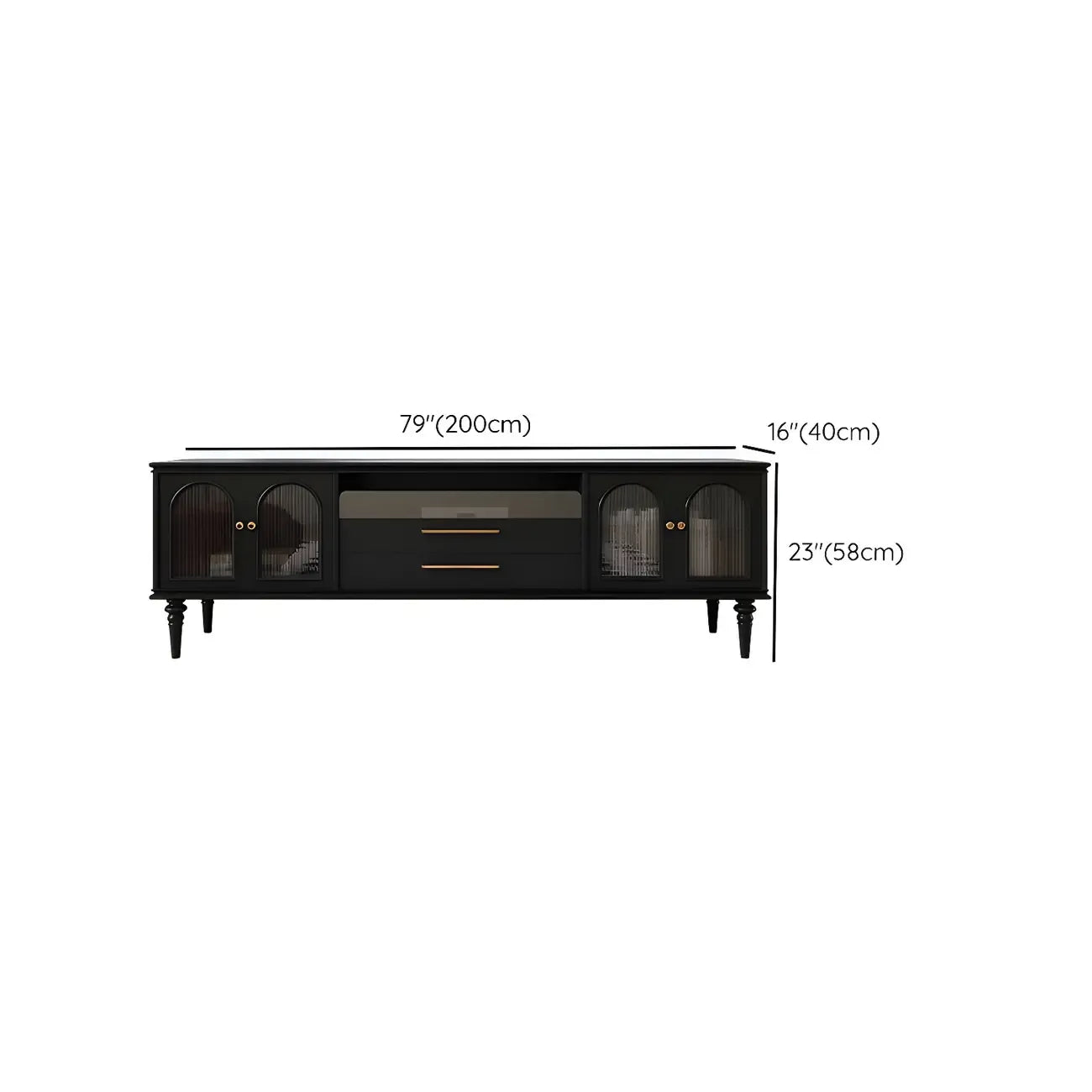Meuble TV moderne en bois noir, porte vitrée et étagère ouverte (79 cm)